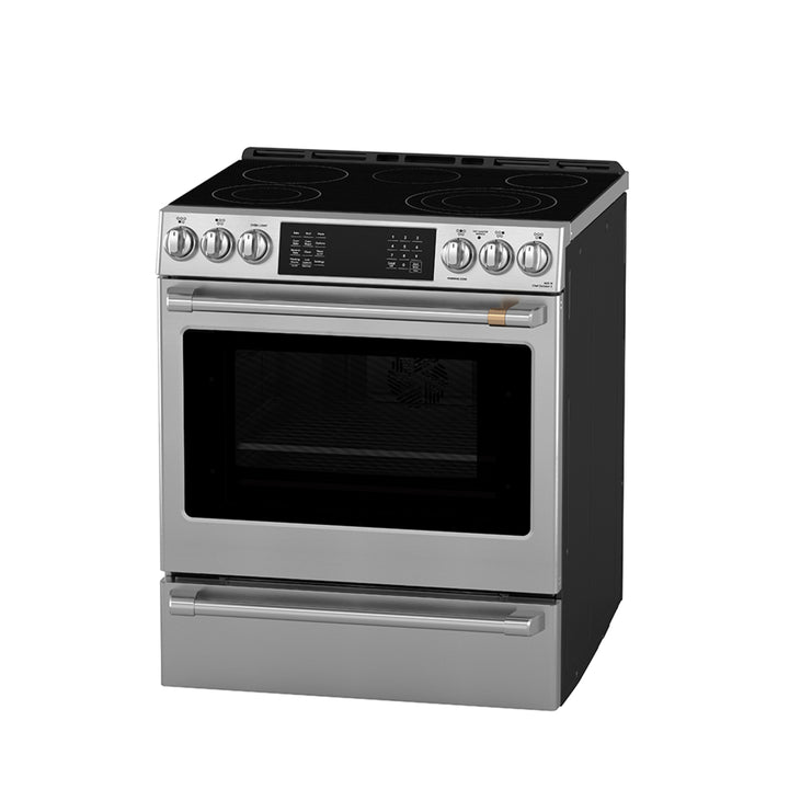 Café Slide-In Front Control Electric Range with Dynamic Bake, Warming Drawer and Stainless Steel Oven