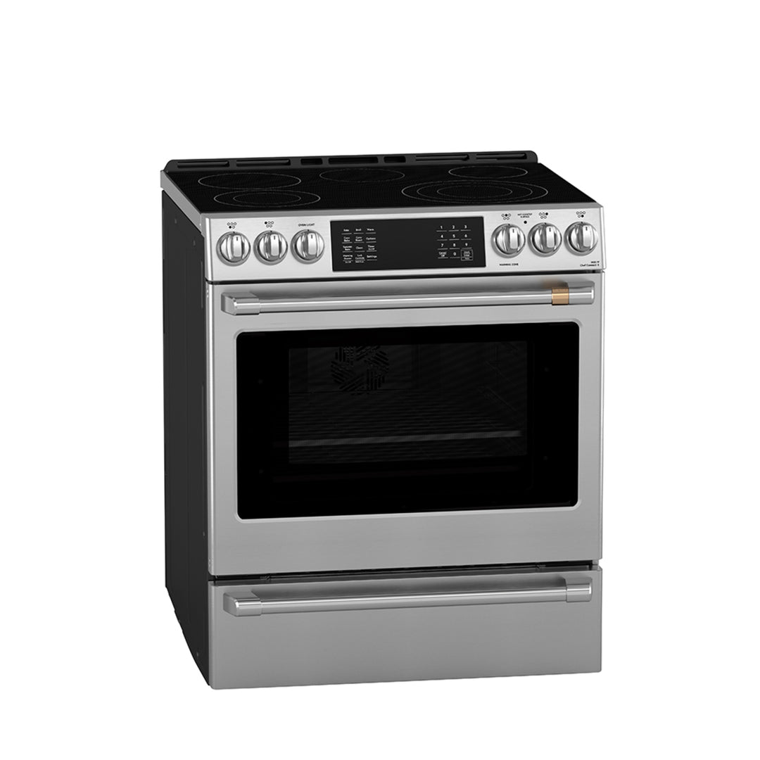 Café Slide-In Front Control Electric Range with Dynamic Bake, Warming Drawer and Stainless Steel Oven