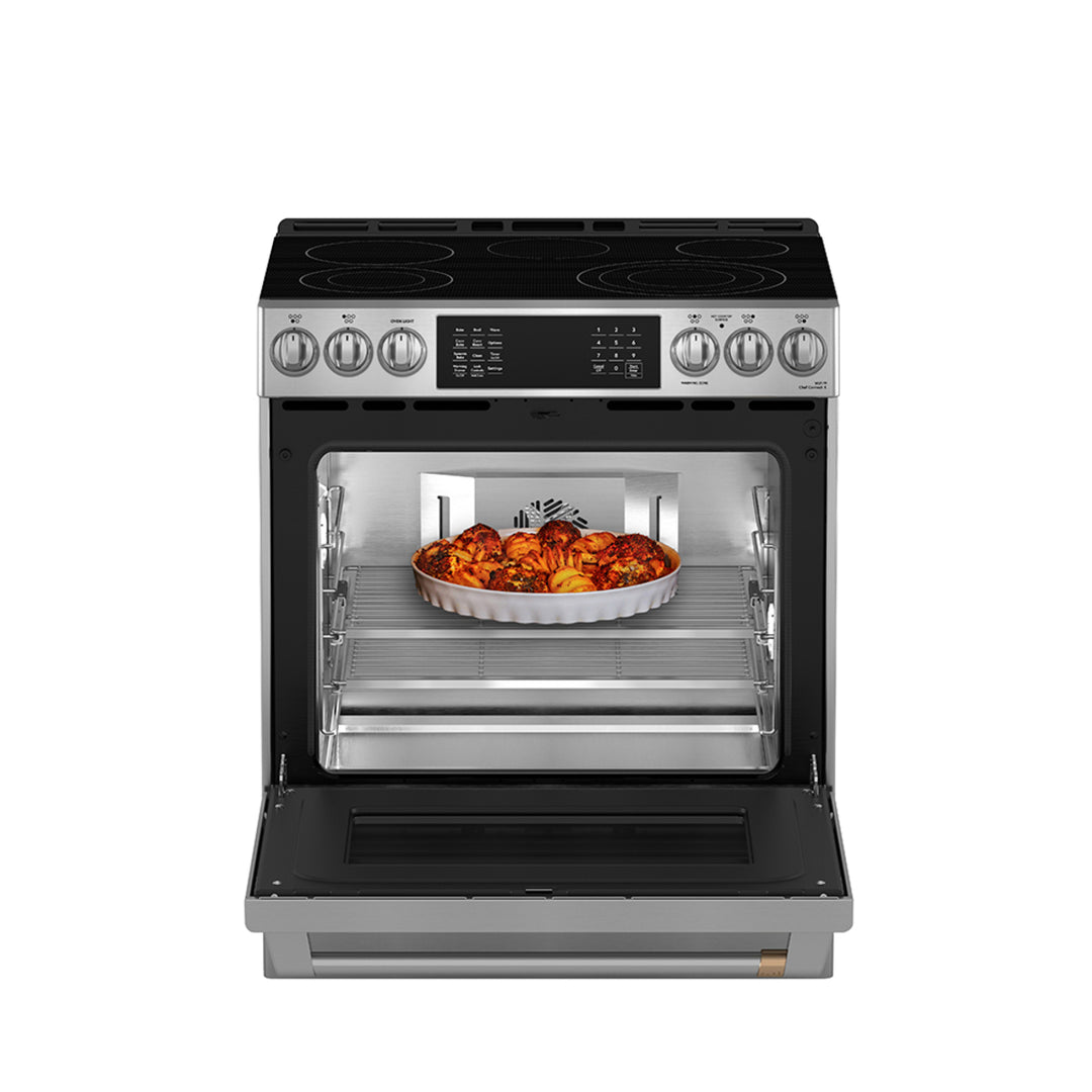 Café Slide-In Front Control Electric Range with Dynamic Bake, Warming Drawer and Stainless Steel Oven