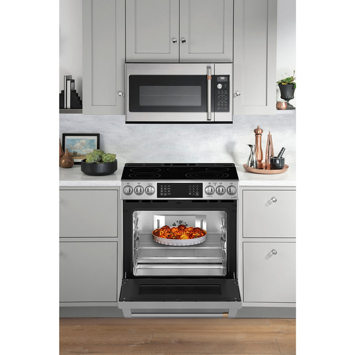 Café Slide-In Front Control Electric Range with Dynamic Bake, Warming Drawer and Stainless Steel Oven