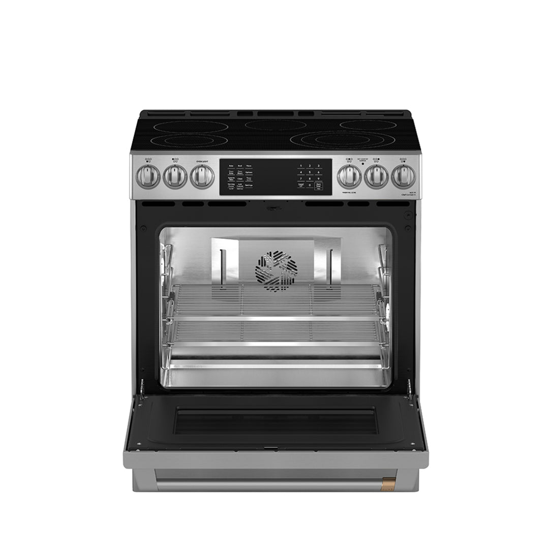 Café Slide-In Front Control Electric Range with Dynamic Bake, Warming Drawer and Stainless Steel Oven