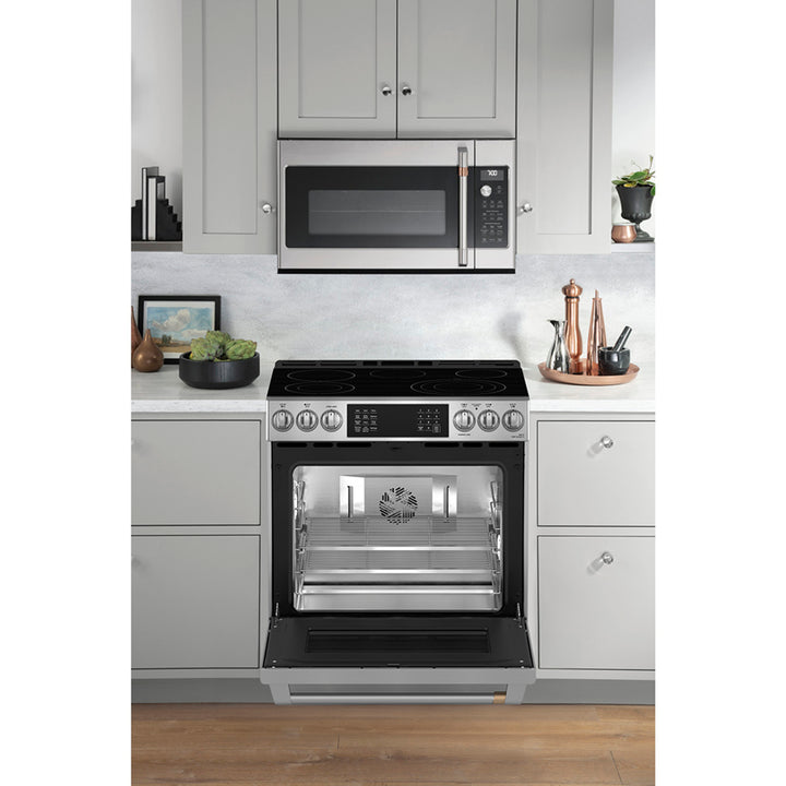 Café Slide-In Front Control Electric Range with Dynamic Bake, Warming Drawer and Stainless Steel Oven