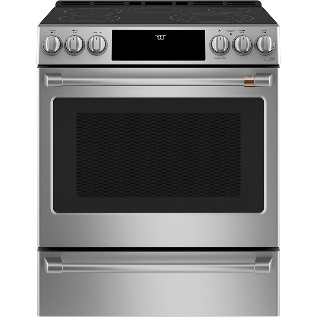 Café Slide-In Front Control Electric Range with Dynamic Bake, Warming Drawer and Stainless Steel Oven