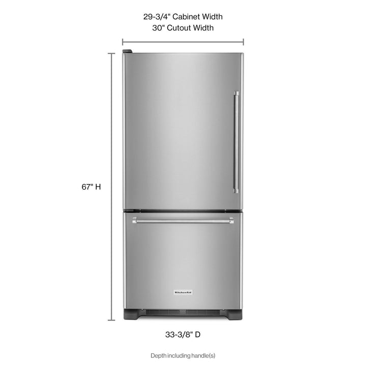 Kitchenaid® 19 cu.ft. 30-Inch Width Full Depth Non Dispense Bottom Mount Refrigerator